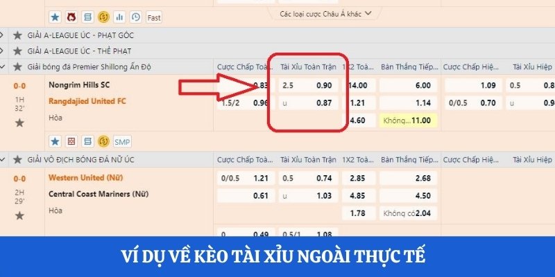 Ví dụ về kèo Tài Xỉu ngoài thực tế